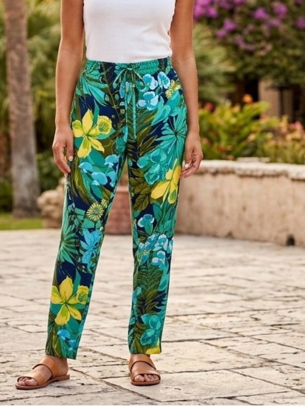 Talbots Tropical Floral Straight-Leg Pants in Green & Yellow